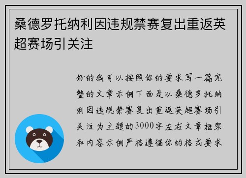 桑德罗托纳利因违规禁赛复出重返英超赛场引关注